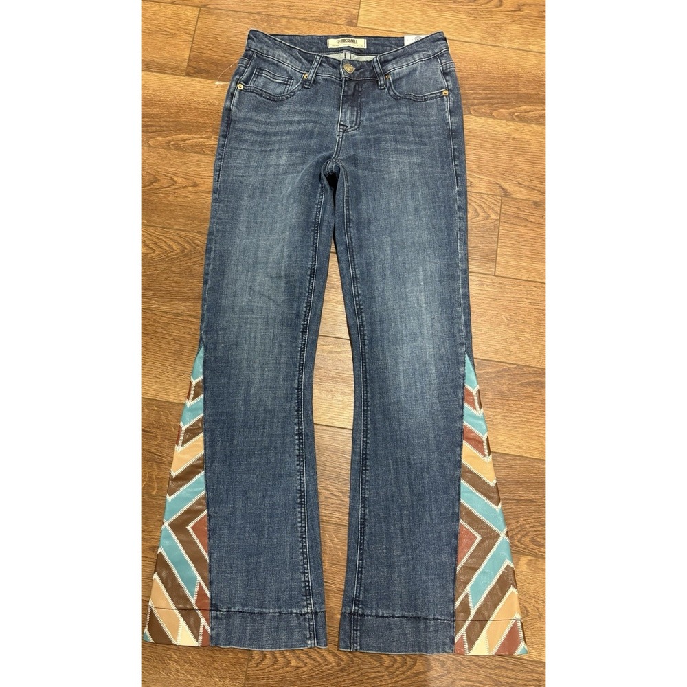 Women's Flare Jeans with Multicolor Chevron Design - Picture 3 of 16